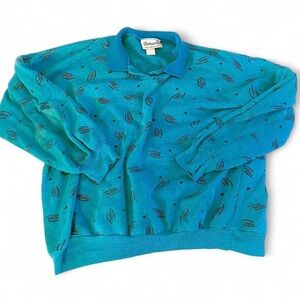 Vibrant Teal Leaf Pattern Crewneck Sweater